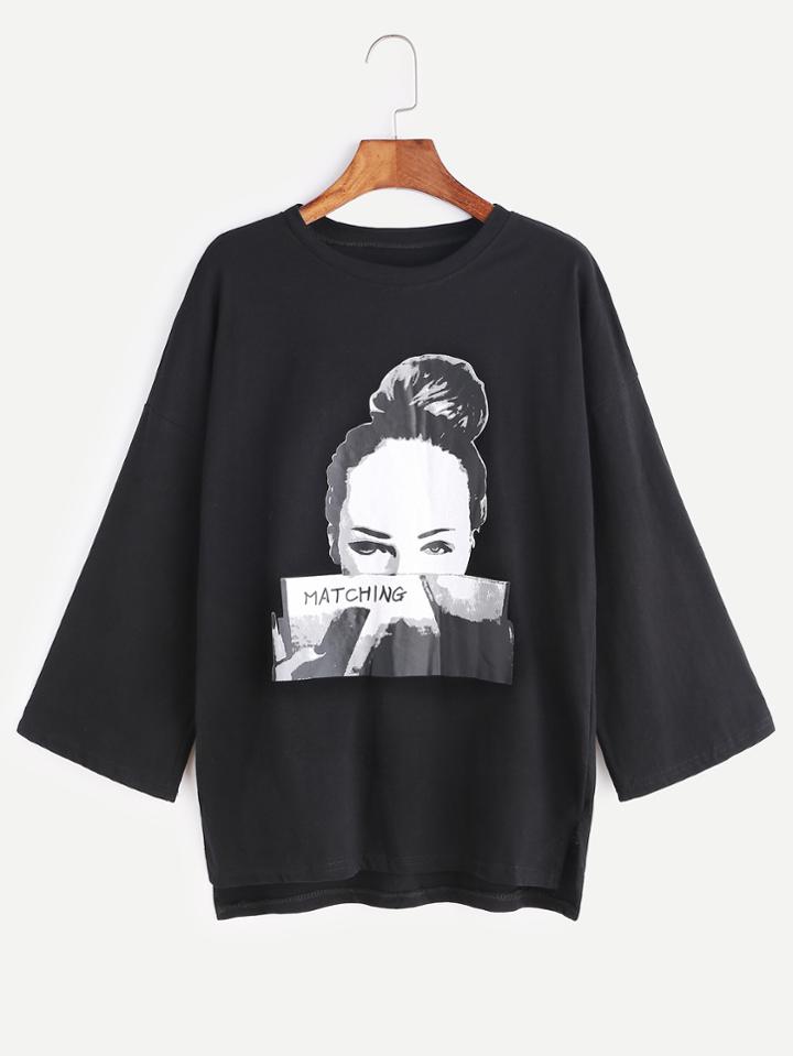 Shein Black Printed Drop Shoulder Slit Side High Low T-shirt