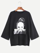 Shein Black Printed Drop Shoulder Slit Side High Low T-shirt