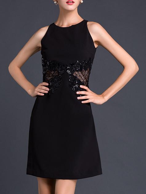 Shein Black Contrast Gauze Beading Sequined Shift Dress
