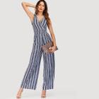 Shein Tie Back Striped Wrap Wide Leg Jumpsuit