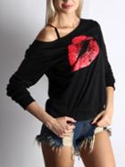 Shein Black Round Neck Red Lip Print Sweatshirt