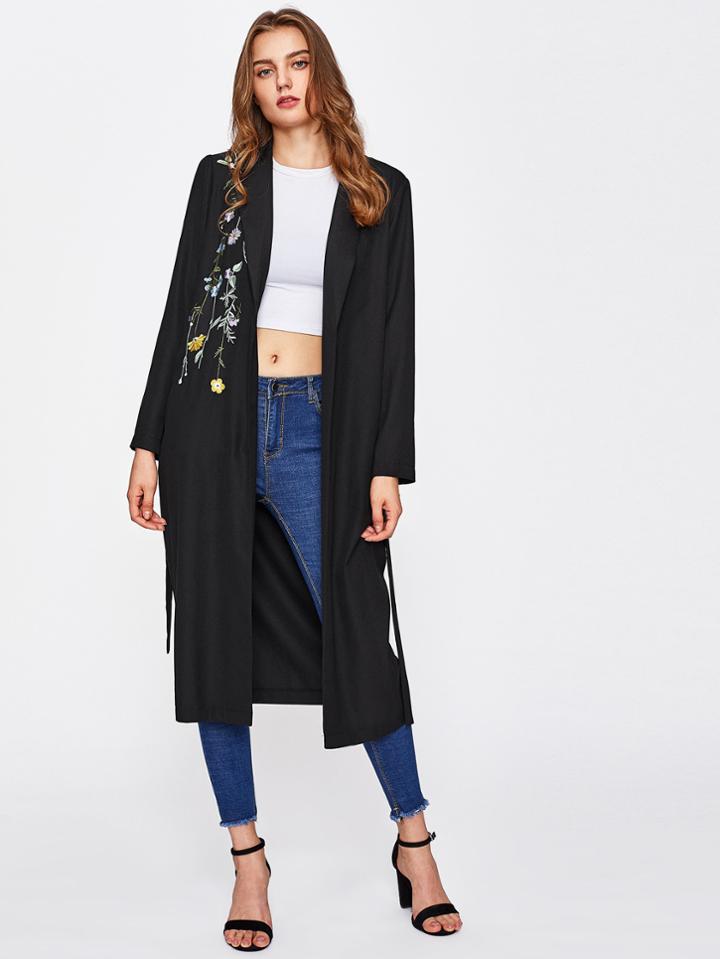 Shein Botanical Embroidery Self Belted Duster Coat