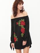 Shein Black Embroidered Rose Applique Tie Sleeve Off The Shoulder Dress