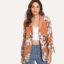 Shein Drawstring Sleeve Floral Print Coat