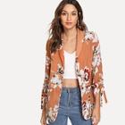 Shein Drawstring Sleeve Floral Print Coat