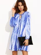 Shein Blue Print Cut Out Long Sleeve Shift Dress