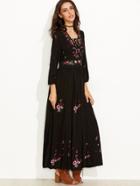 Shein Black Flower Embroidered Long Sleeve Maxi Dress