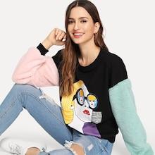 Shein Faux Fur Contrast Figure Print Pullover