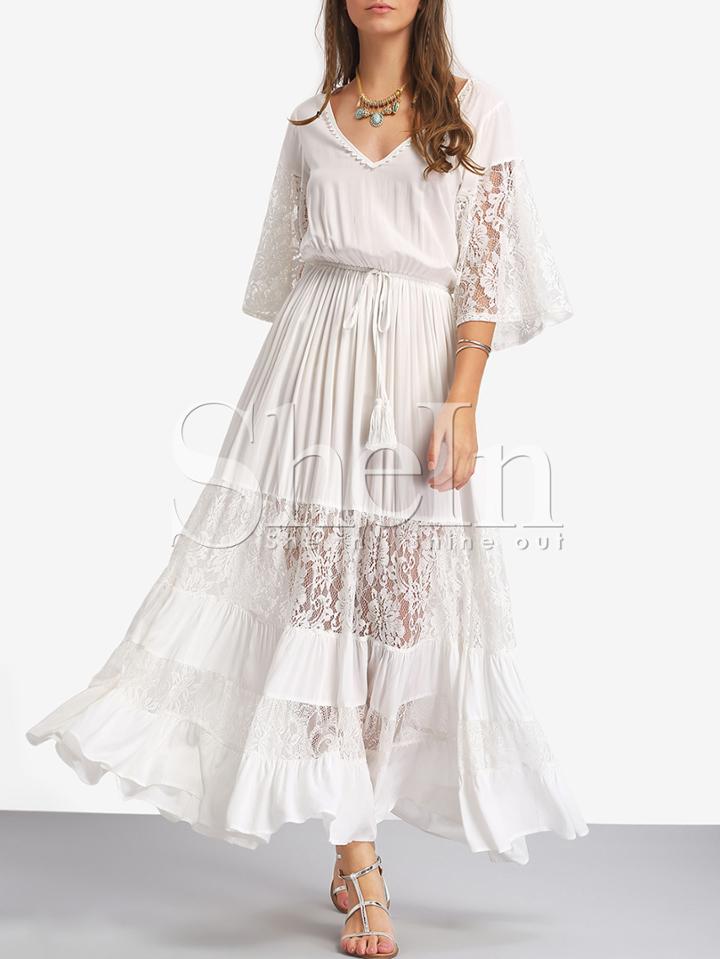 Shein White Lace V Neck Tie Waist Maxi Dress