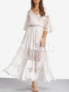 Shein White Lace V Neck Tie Waist Maxi Dress
