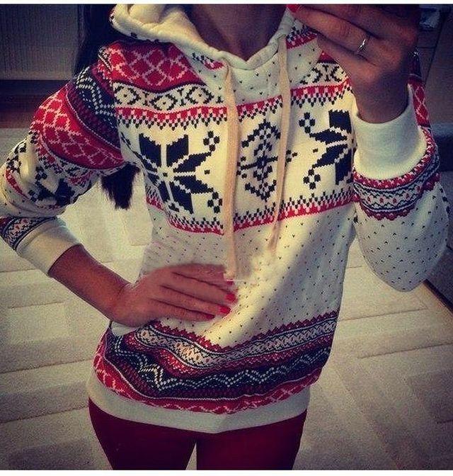 Shein Christmas Snowflake Women's Long Sleeve Printing Hooded Sweater