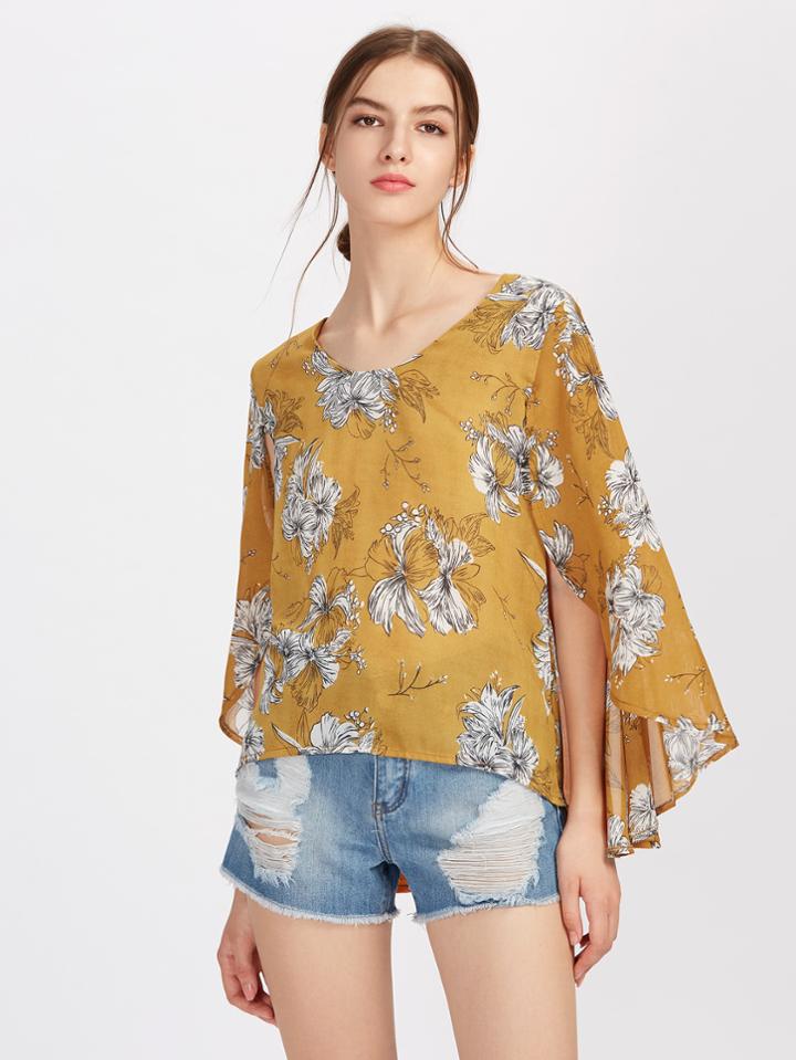 Shein Random Florals Cape Sleeve V Cut Back Chiffon Blouse