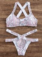 Shein Pink Printed Cross Back Cutout Bikini Set