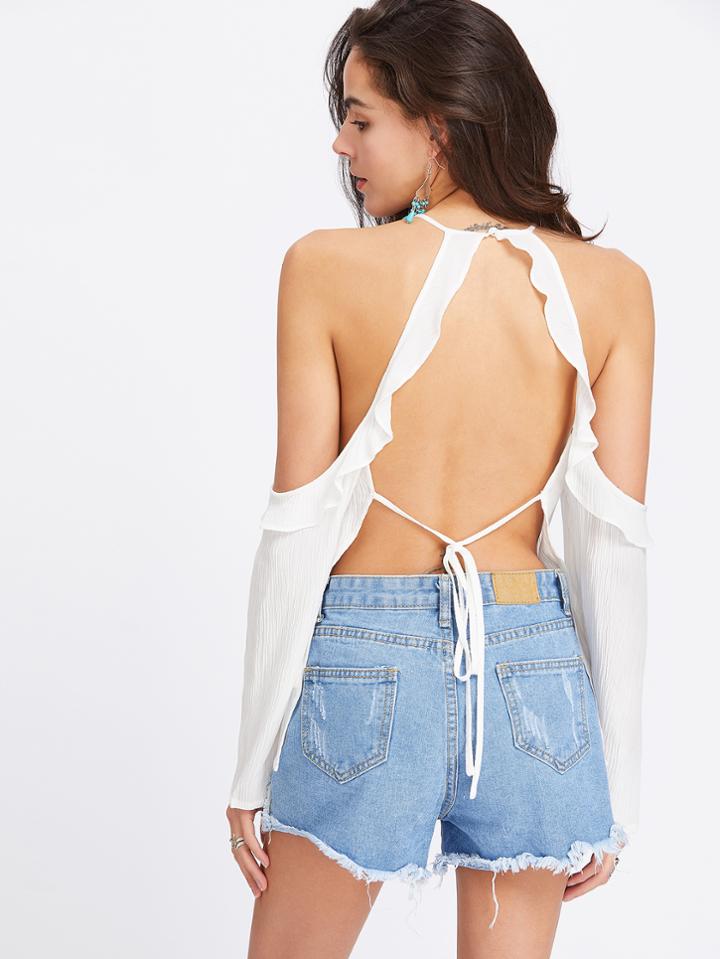 Shein Frill Open Shoulder Tied Open Back Crinkle Top