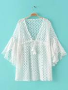 Shein White Bell Sleeve Tie Neck Tassel Hollow Lace Dress