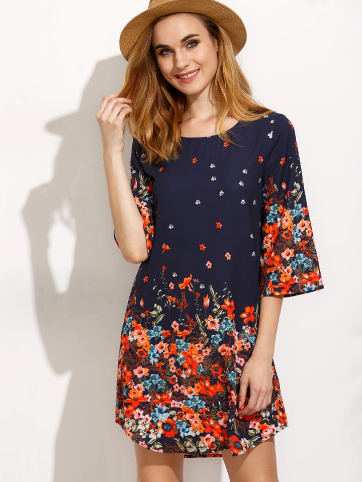 Shein Multicolor Floral Three Quarter Sleeve Shift Dress