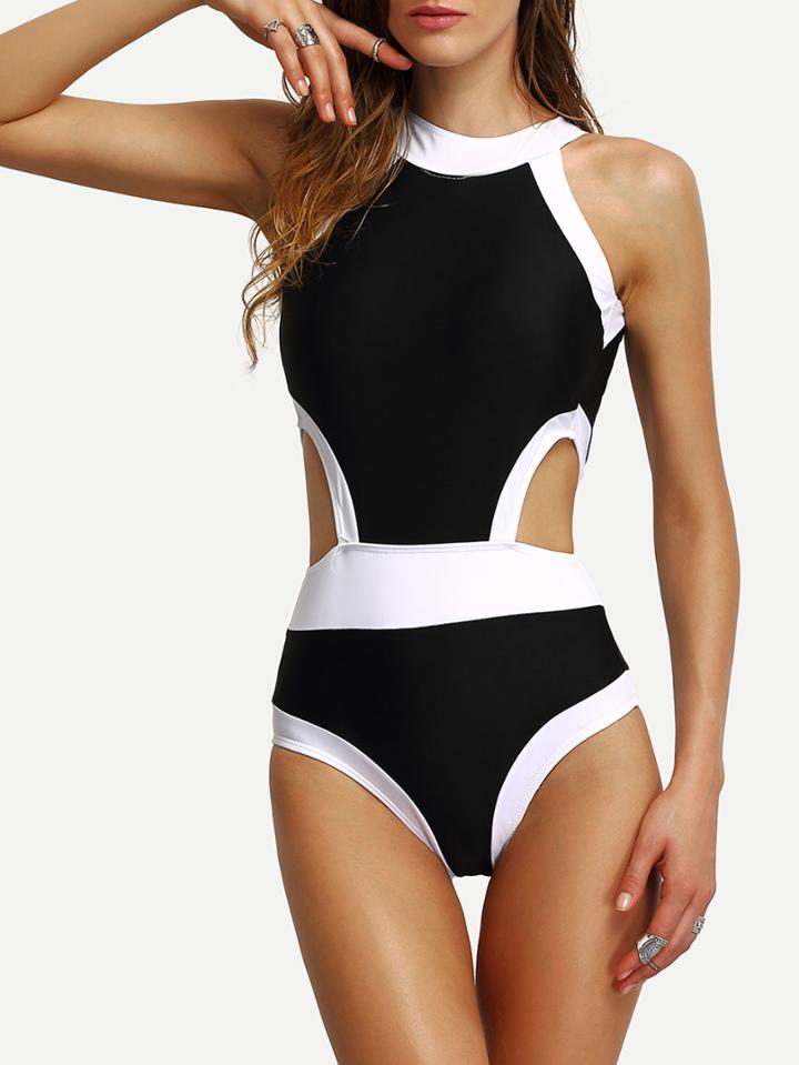 Shein Contrast High Neck Cutout One-piece Swimwear