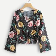 Shein V Neckline Floral Print Polka Dot Top