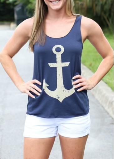 Rosewe Round Neck Anchor Print Navy T Shirt