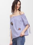 Shein Pinstripe Off The Shoulder Tie Sleeve Top With Patch