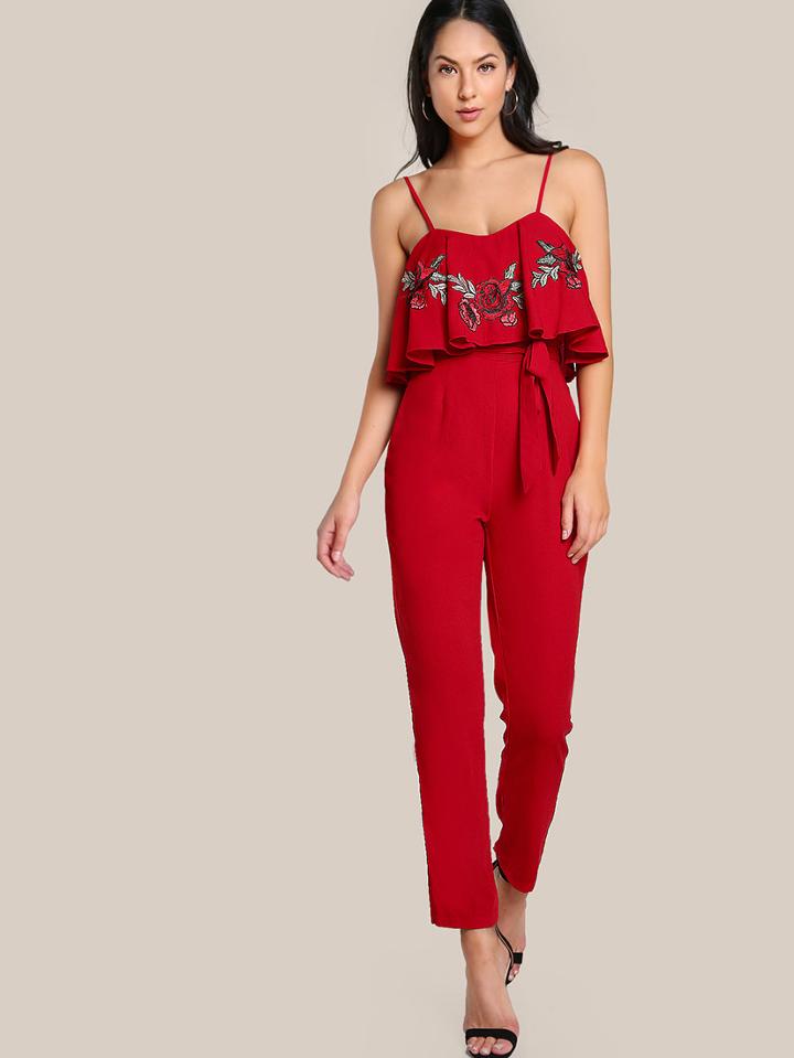 Shein Self Belt Rose Patch Flounce Jumpsuit