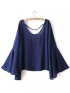 Shein Navy Bell Sleeve Backless Crop Blouse