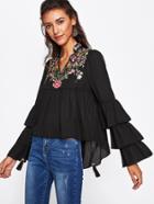 Shein Embroidery Tiered Flute Sleeve Smock Blouse
