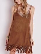 Shein Khaki Spaghetti Strap Tassel Suede Dress