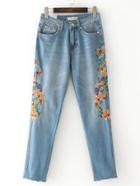 Shein Embroidered Flower Raw Cuff Jeans