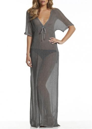 Rosewe Deep V Neck Grey Sheer Bikini Cover Up