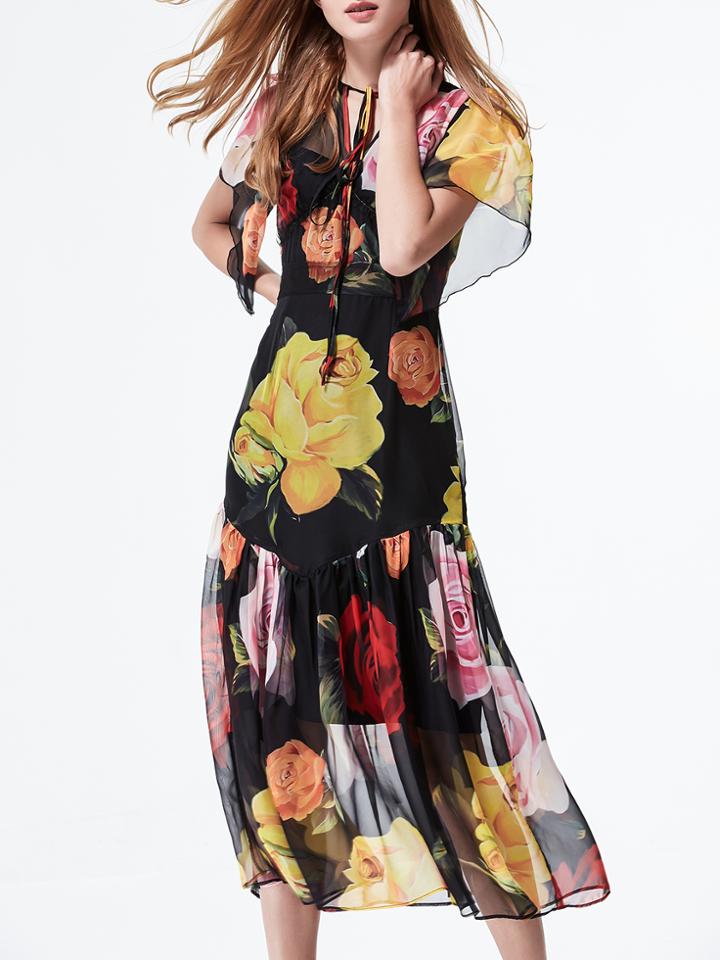 Shein Black Tie Neck Flowers Print Two-pieces Dress