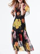 Shein Black Tie Neck Flowers Print Two-pieces Dress