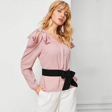 Shein Self Tie Shoulder Belted Blouse