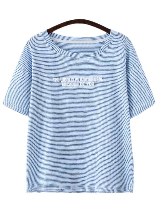 Shein Blue Short Sleeve Letters Print Stripe T-shirt