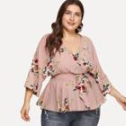 Shein Plus Floral Print Surplice Front Belted Peplum Top