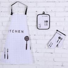 Shein Grid Print Apron 1pc & Oven Glove 1pc & 1pc Pad