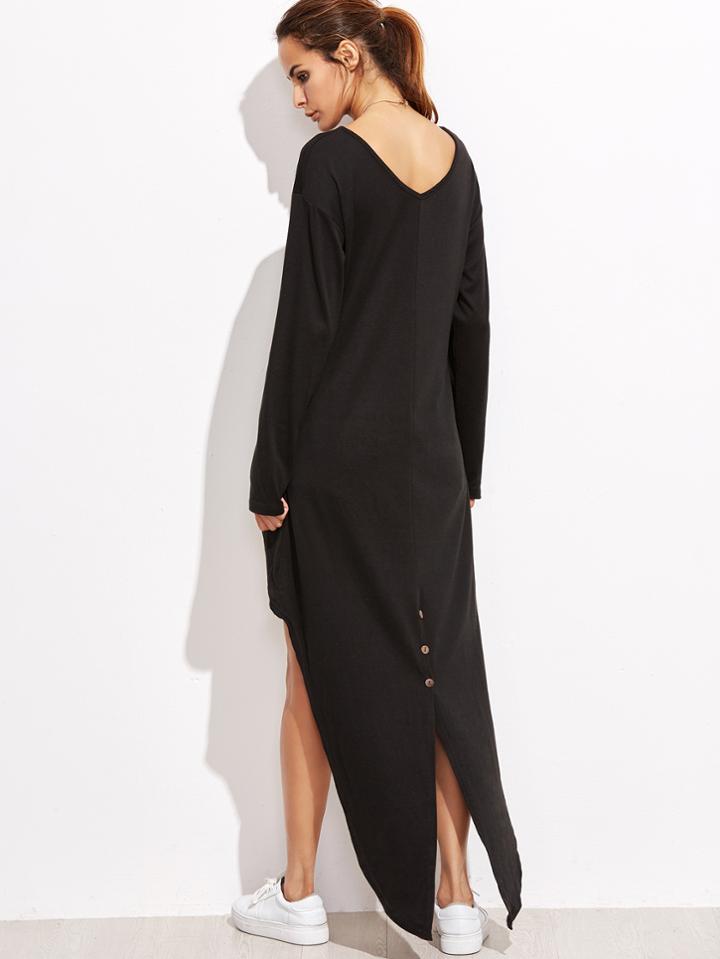 Shein Black V Neck Dip Hem Slit Back T-shirt