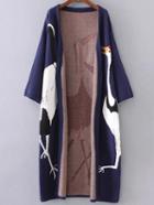 Shein Navy Crane Pattern Drop Shoulder Long Cardigan