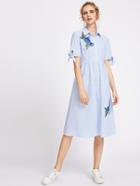 Shein Flower Patch Tie Sleeve Partial Placket Gingham Dress
