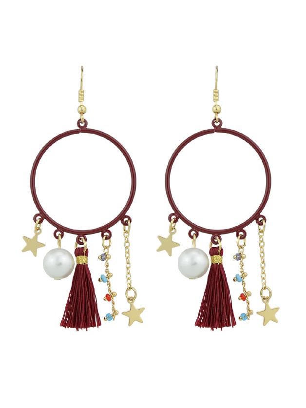 Shein Red Tassel Simulated-pearl Colorful Beads Star Charms Drop Earrings