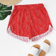 Shein Pom Pom Trim Polka Dot Beach Shorts