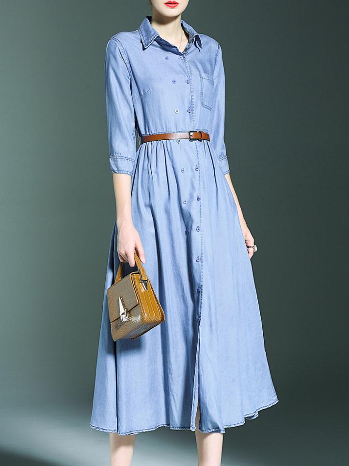 Shein Blue Lapel Belted Denim Long Dress