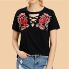 Shein Crisscross Neck Rose Embroidered Applique T-shirt