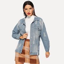 Shein Letter Print Ripped Drop Shoulder Faded Denim Jacket