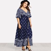 Shein Plus Ornate Print Surplice Wrap Dress