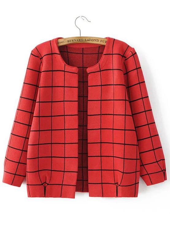 Shein Red Grid Open Front Cardigan