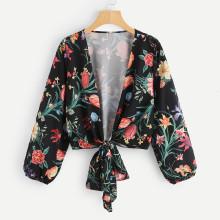 Shein Botanical Print Knotted Crop Kimono