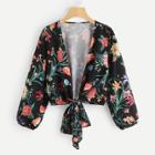 Shein Botanical Print Knotted Crop Kimono