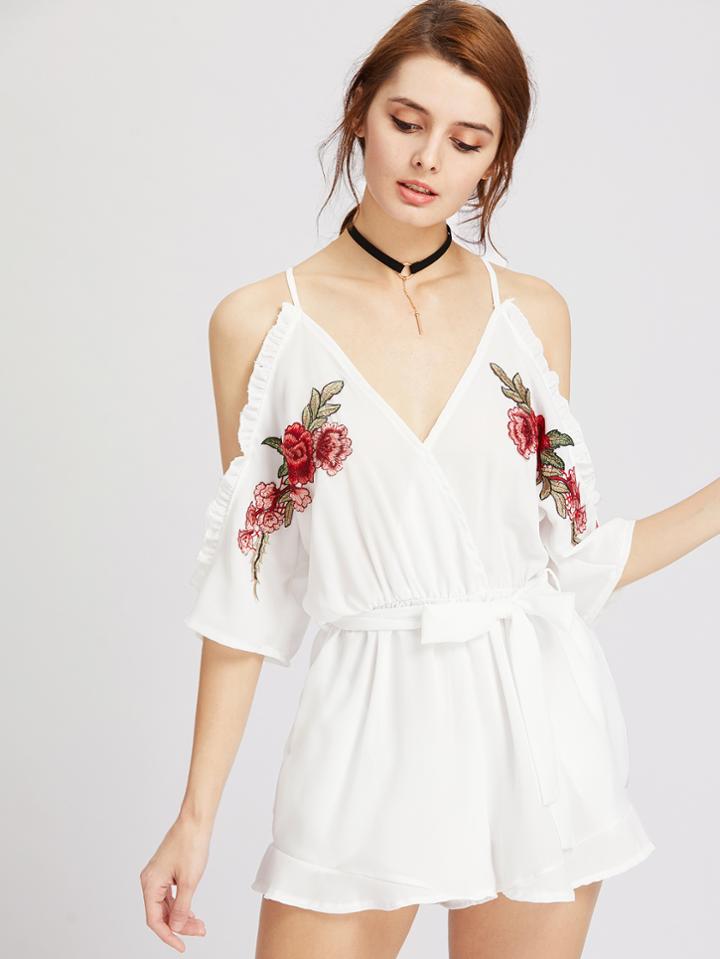 Shein Cold Shoulder Appliques Frill Trim Self Tie Romper