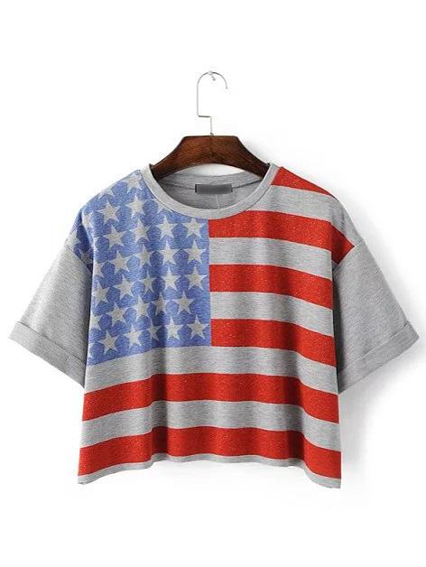 Shein Multicolor Flag Printed Roll Up Cuff T-shirt